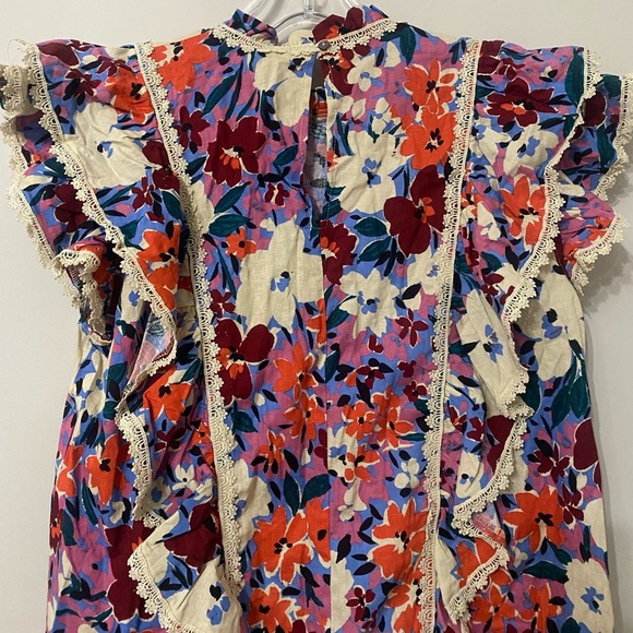 Karlie Floral Colorful Ruffled Short Sleeve Linen Top Blouse - Picture 3 of 6